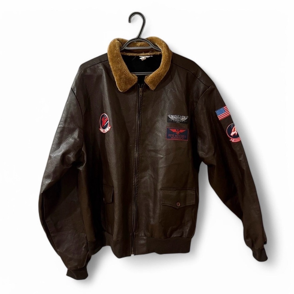Brown Bomber Jacket with Contrasting Collar and Patches